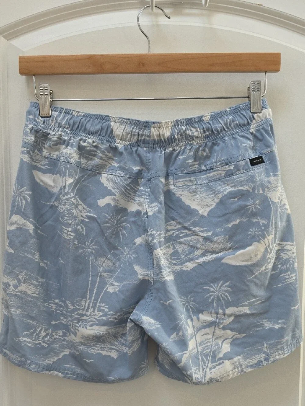 Rip Curl Light Blue and White Palm Print Swim Trunks